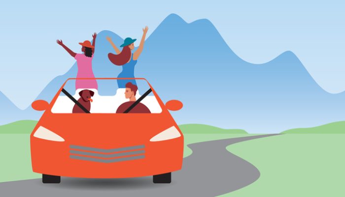 Happy people with dog on road trip, flat vector stock illustration with trip by car or copy space template